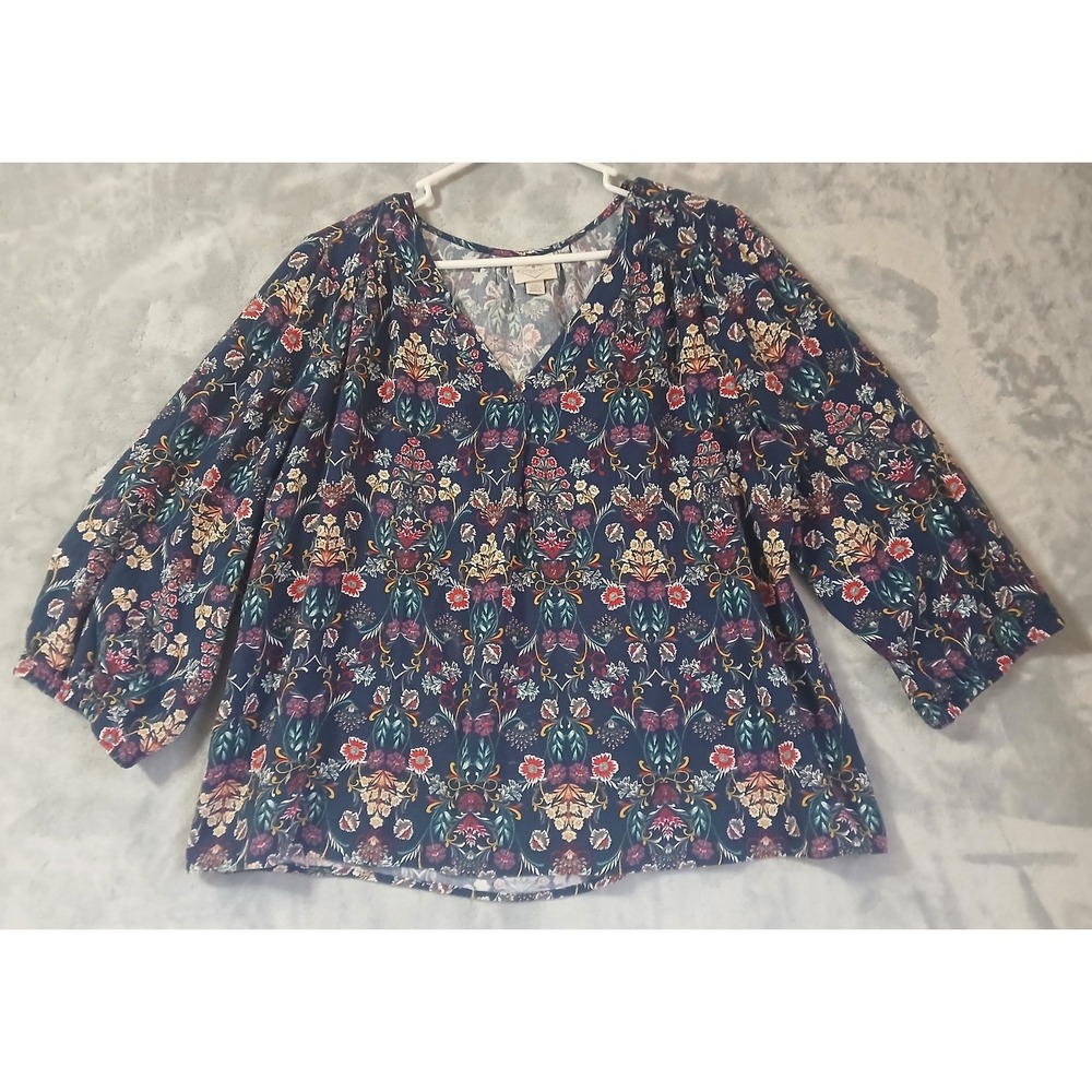 St‎ Johns Bay XXL Navy Blue Floral Damask V-Neck 3/4 Sleeve Rayon Blouse Top